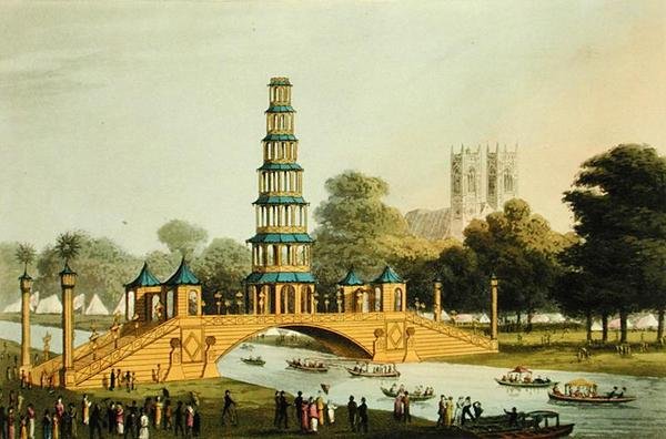 Chiński most i pagoda, wzniesione w parku dla upamiętnienia chwalebnego pokoju z 1814 roku, grawerowane przez Matthew Dubourga (fl.1785-20) autorstwa John Heaviside (after) Clark