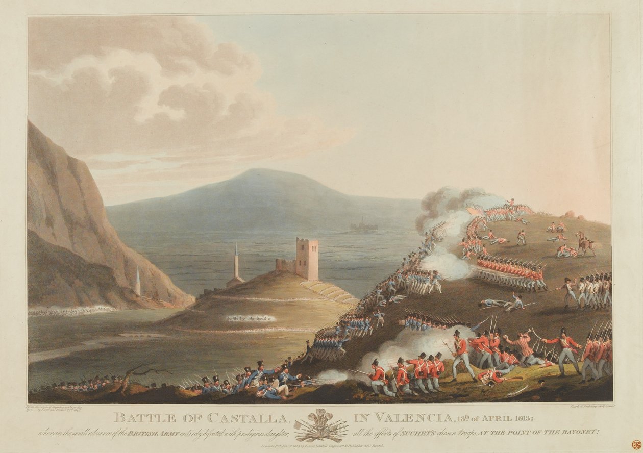 Bitwa pod Castallą w Walencji, 13 kwietnia 1813, grawerowana przez Dubourga, 1814 (kolorowa akwatinta) autorstwa John Heaviside Clark