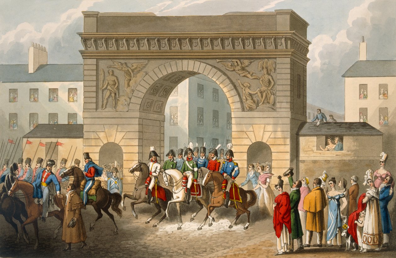 Wejście aliantów do Paryża, rytowane przez Matthew Dubourga (fl.1813-20) z „Anegdoty historyczne, wojskowe i morskie”, wyd. Edward Orme (1774-c.1820) 1818 (akwatinta) autorstwa John Heaviside Clark