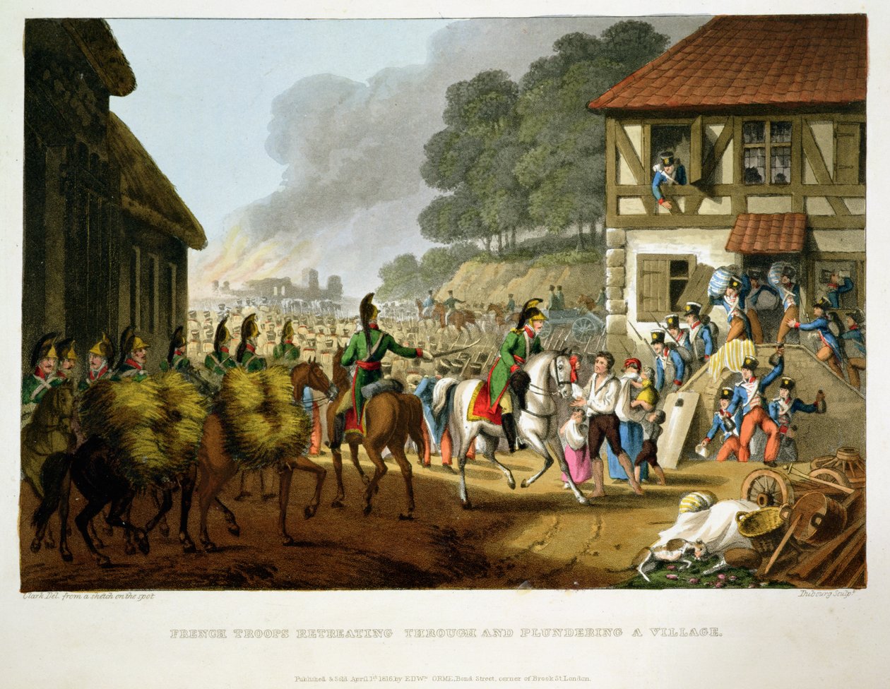 Francuskie wojska wycofujące się i plądrujące wioskę, grawerowane przez Matthew Dubourga (fl.1813-20) z „Anegdoty historyczne, wojskowe i morskie”, wyd. Edward Orme (1774-c.1820) 1816 (akwatinta) autorstwa John Heaviside Clark