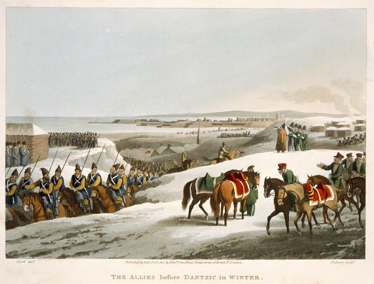 Alianci przed Dantzic zimą, rycina Matthew Dubourg (fl.1813-20) z „Anegdoty historyczne, wojskowe i morskie”, wyd. Edward Orme (1774-c.1820) 1818 (akwatinta) autorstwa John Heaviside Clark