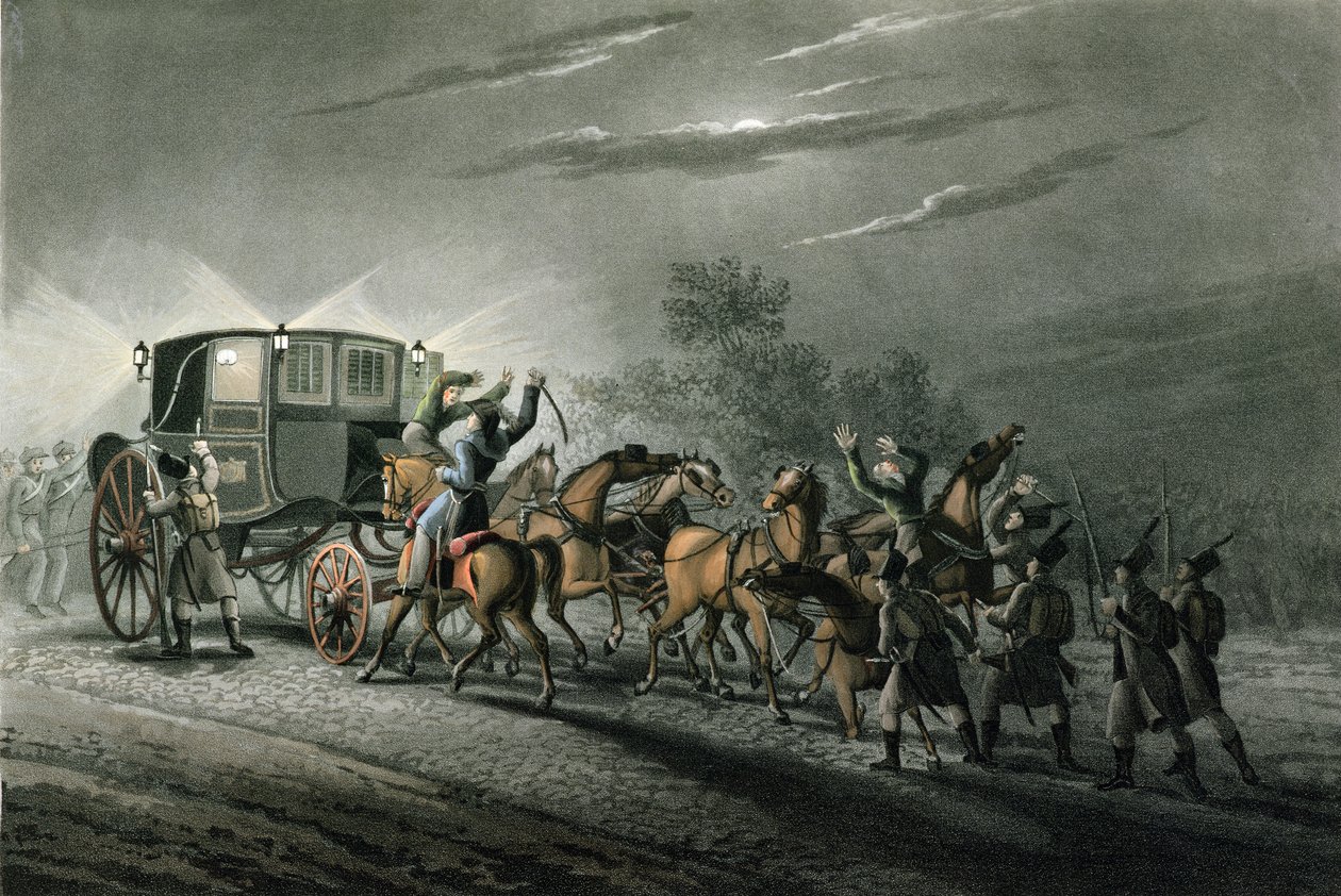 Zdobycie karety Bonapartego, papieru i skarbu przez majora von Kellera, Waterloo, 18 czerwca 1815, grawerowane przez Matthew Dubourga (fl.1813-20) autorstwa John Heaviside Clark