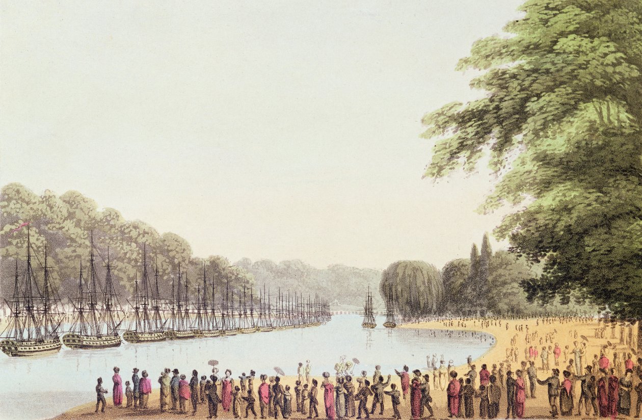 Flota na rzece Serpentine, rytowany przez Matthew Dubourg (fl.1813-20) 1814 autorstwa John Heaviside Clark