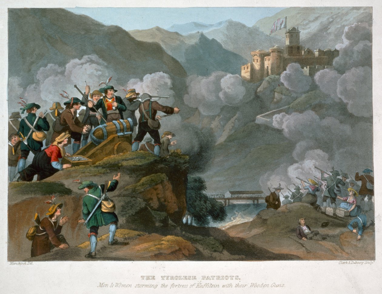 „Patrioci tyrolscy szturmujący fortecę Kuffstein z drewnianymi działami, 1816 r.” autorstwa John Heaviside Clark