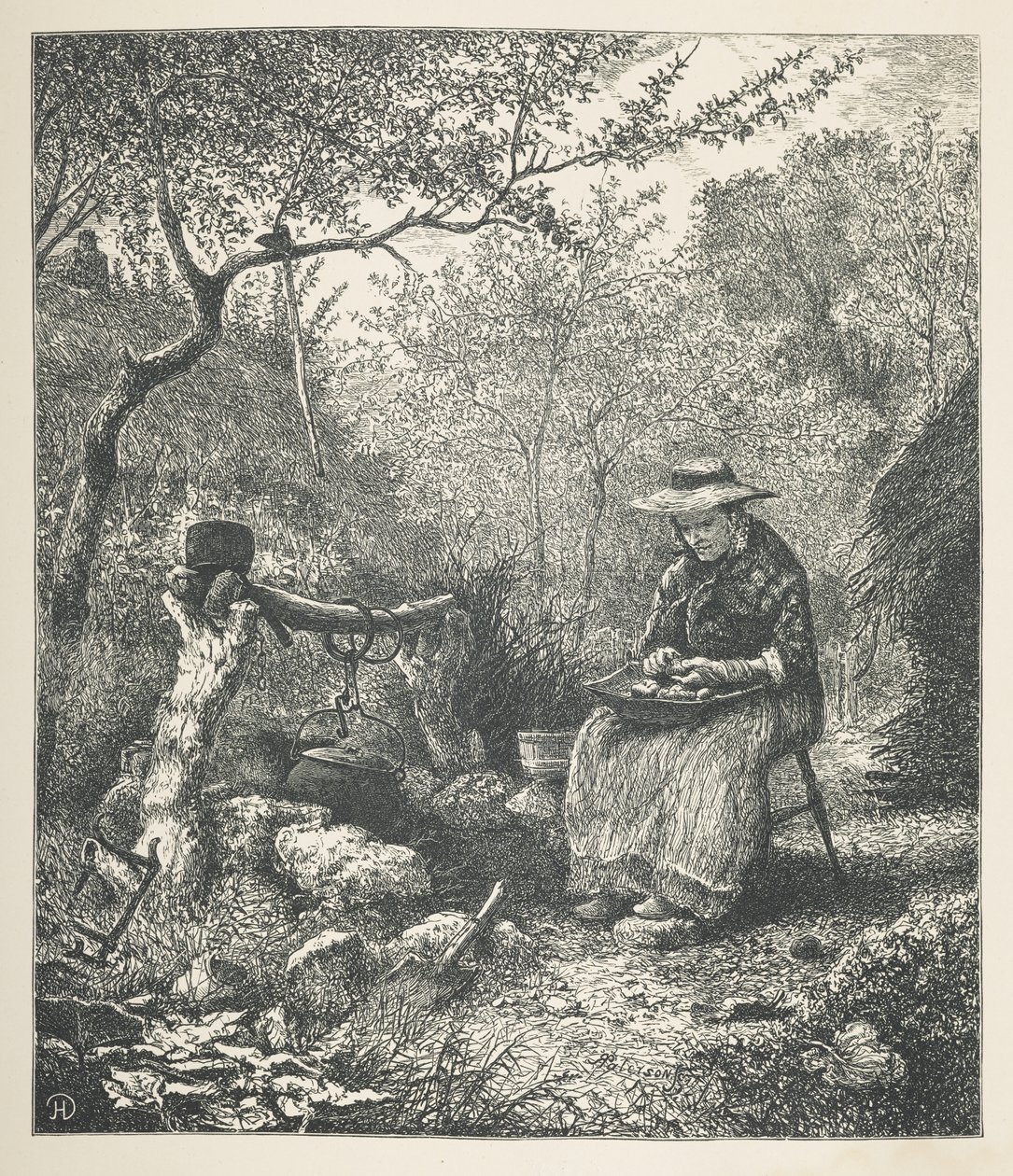 Tablica 22. Kobieta gotująca na dworze, z „Nature Pictures”, seria trzydziestu oryginalnych ilustracji narysowanych na drewnie przez J.H. Della i grawerowanych przez R. Patersona.John Henry Dell autorstwa John Henry Dell