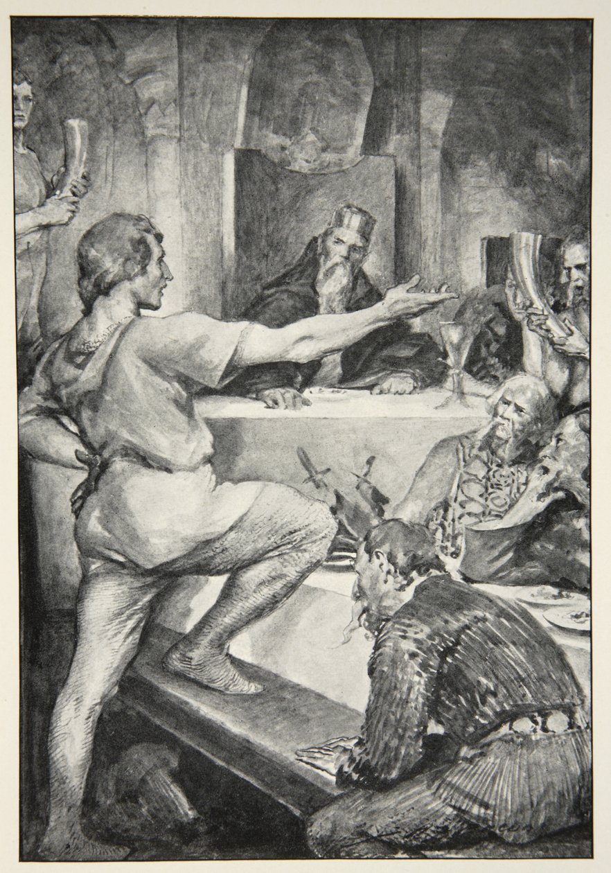 Beowulf wyniośle odpowiada Hunferthowi z „Hero Myths and Legends of the British Race” autorstwa M.I. Przypływ, 1910 autorstwa John Henry Frederick Bacon