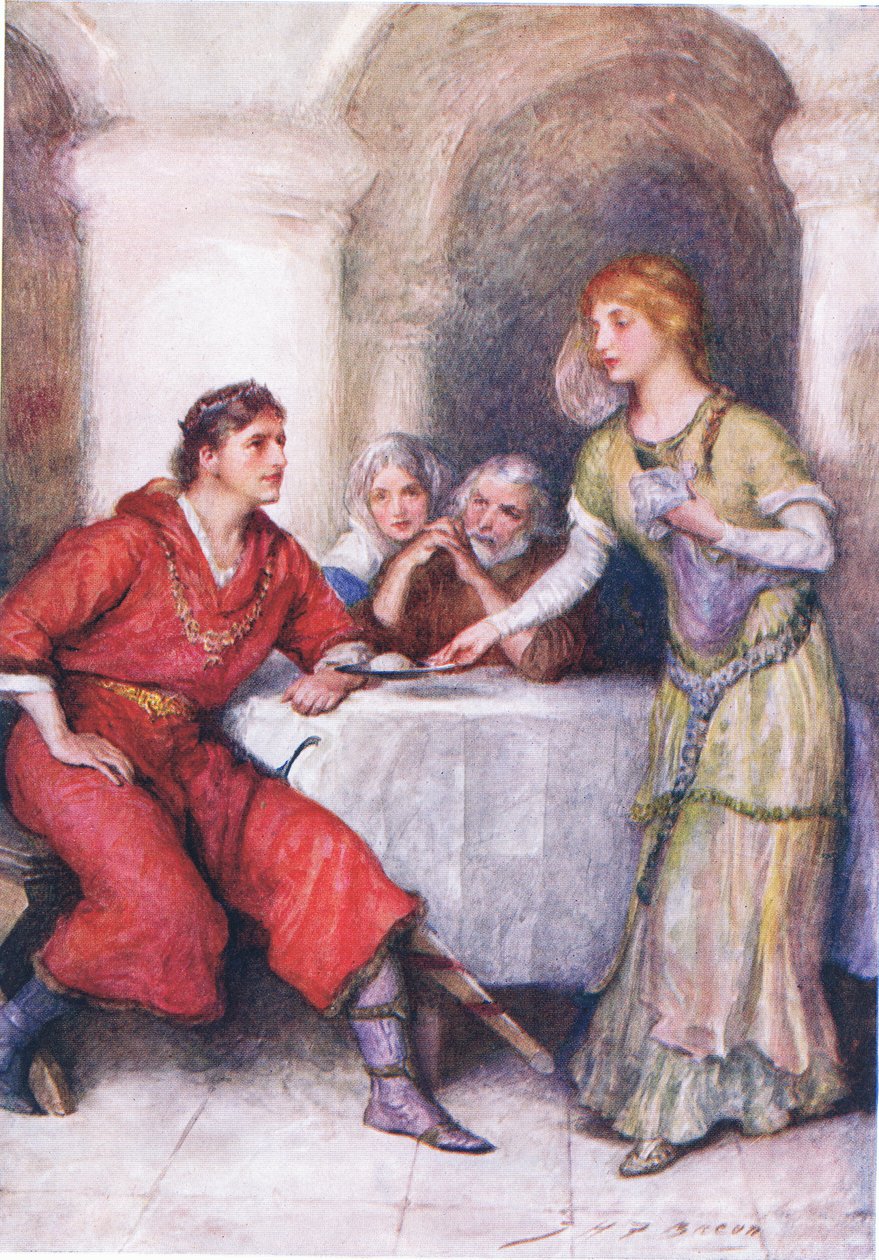 Enid Waits Upon Geraint, ilustracja do Opowieści dla dzieci z Tennysona autorstwa Nory Chesson autorstwa John Henry Frederick Bacon