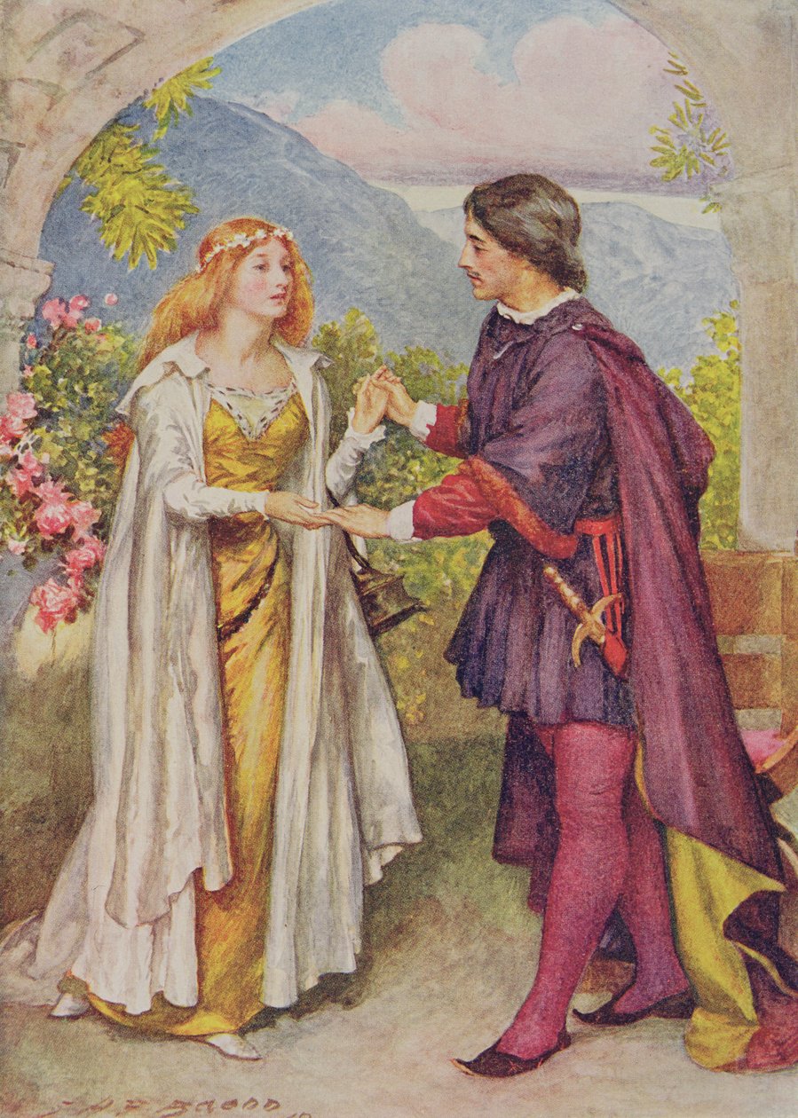 Hamlet i Ofelia z „Opowieści dziecięcych z Szekspira” Edith Nesbit (1858-1924) wyd. Raphael Tuck und Sons Ltd., Londyn (ilustracja książkowa) autorstwa John Henry Frederick Bacon