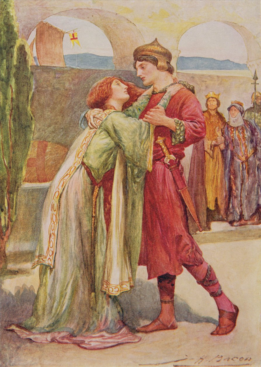 Posthumus i Imogen in Cymbeline z Opowieści dla dzieci z Szekspira Edith Nesbit (1858-1924) wyd. Raphael Tuck & Sons Ltd., Londyn (ilustracja książkowa) autorstwa John Henry Frederick Bacon