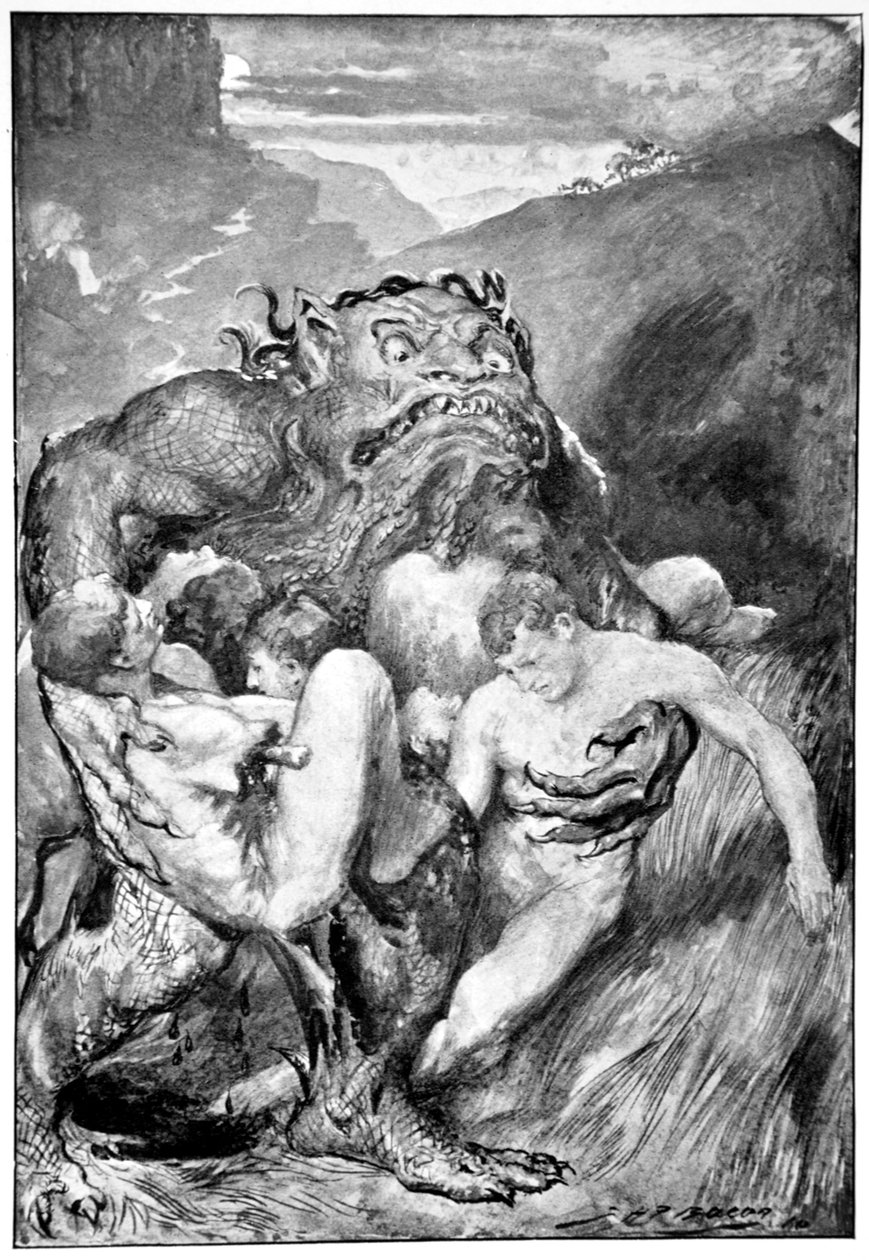 „Demon zła, ze swoim dzikim żarłokiem, chciwie ich pochwycił”, 1910. autorstwa John Henry Frederick Bacon