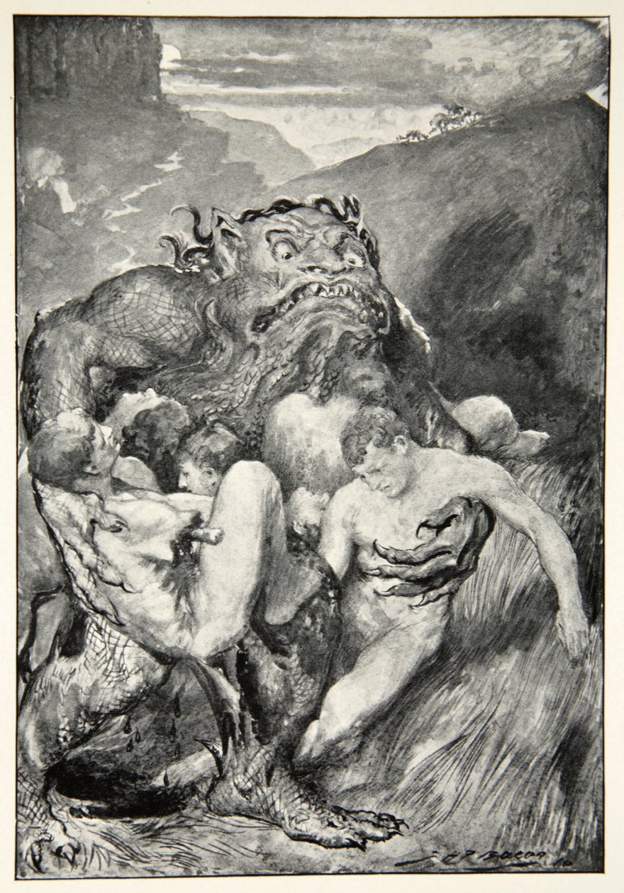 Demon zła, ze swoją dziką żarłocznością, chciwie ich pochwycił z „Hero Myths and Legends of the British Race” autorstwa M.I. Przypływ, 1910 autorstwa John Henry Frederick Bacon