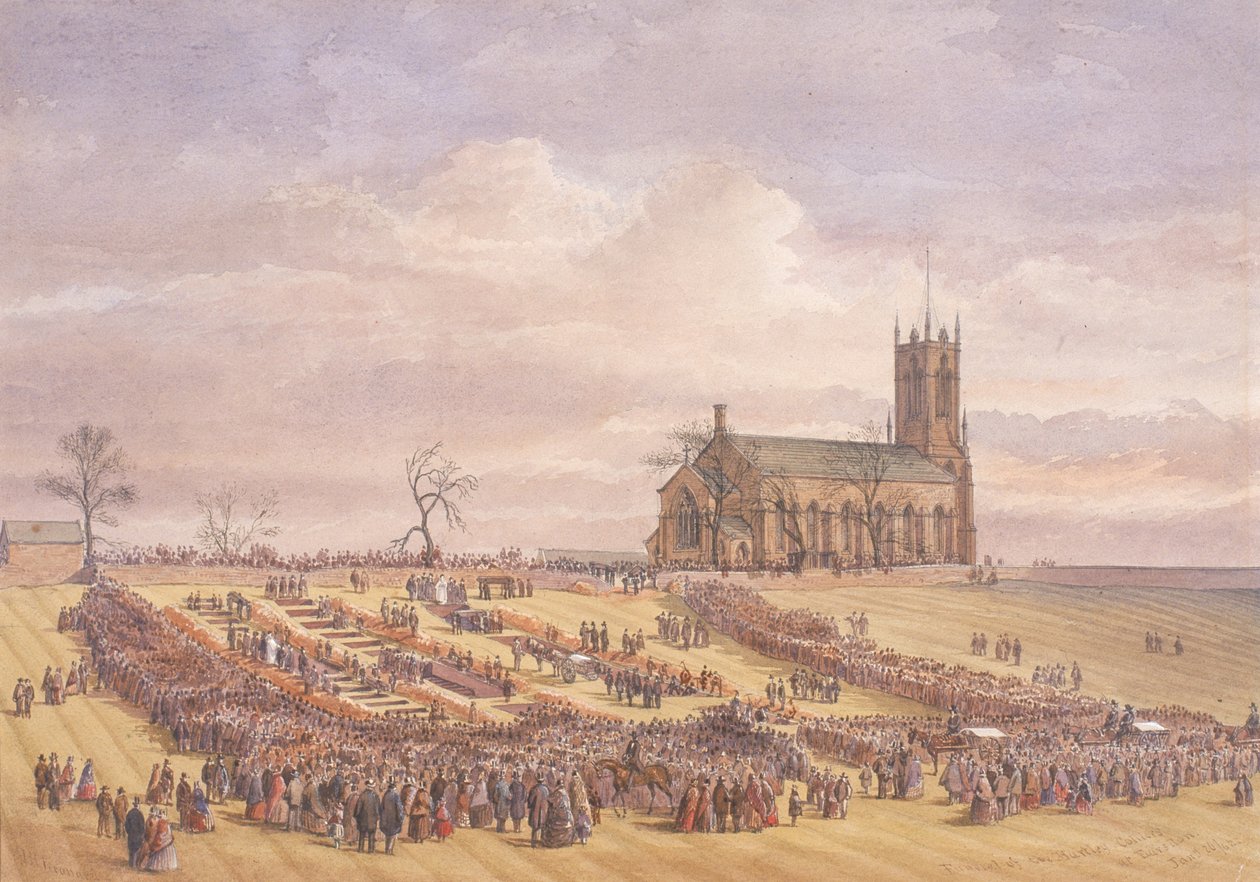Pochówek ofiar katastrofy w kopalni Hartley w Earsdon Churchyard, 26 stycznia 1862 (akwarela na papierze) autorstwa John Henry Leonard