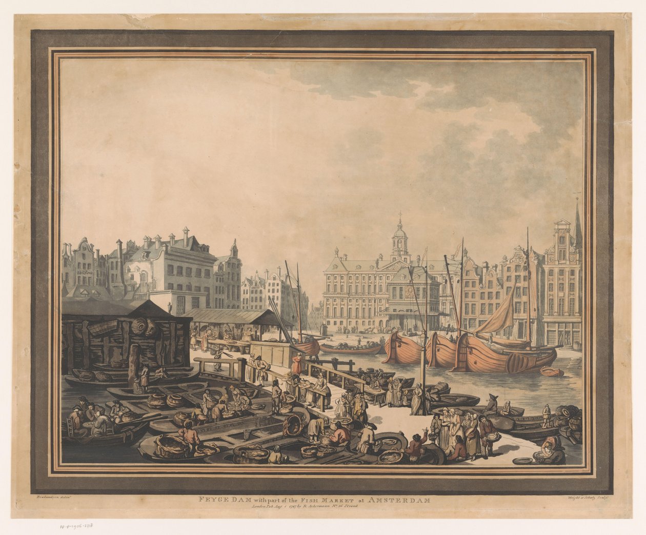 Widok na targ rybny na placu Dam w Amsterdamie Tama Feyge z częścią targu rybnego w Amsterdamie (tytuł na obiekcie) autorstwa John Henry Wright