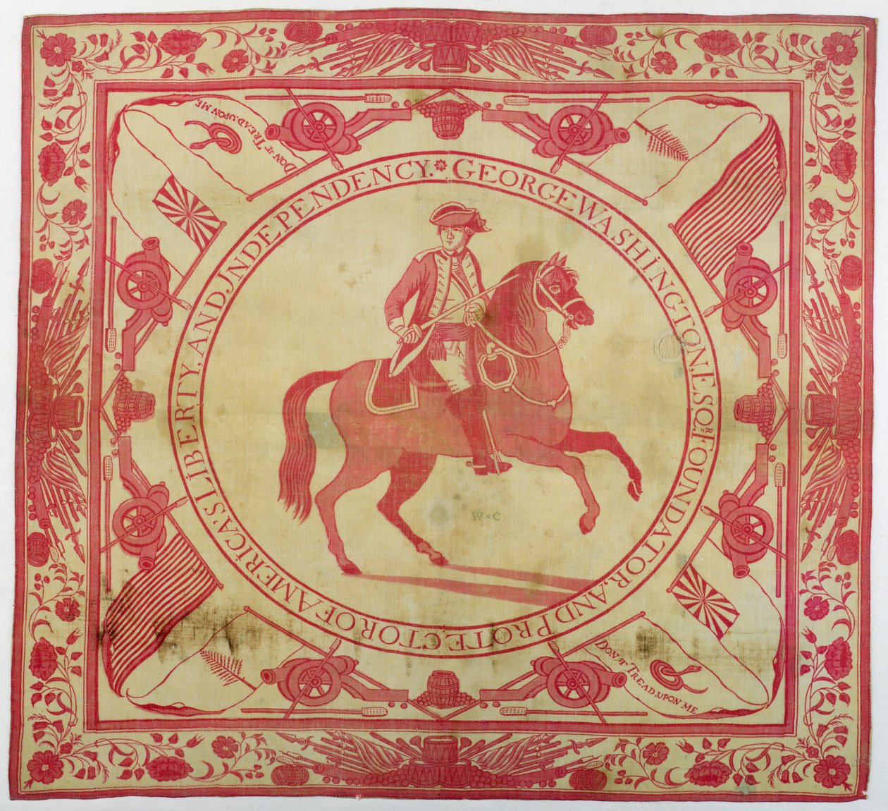 Chusteczka do nosa przedstawiająca Jerzego Waszyngtona (1732-99) na koniu, 1777-89 (bawełna) autorstwa John Hewson