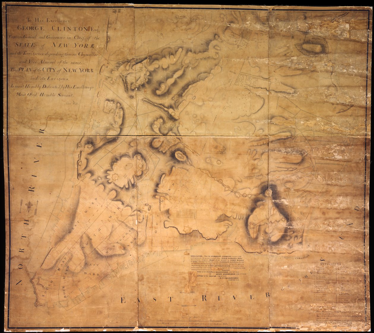 Jego ekscelencji George Clinton, Esq. . . .Ten plan miasta Nowy Jork i jego okolic. . ., 1785 (czarny i kolorowy tusz, czarny ołówek i pranie kolorów na papierze podszytym szmatką) autorstwa John Hills