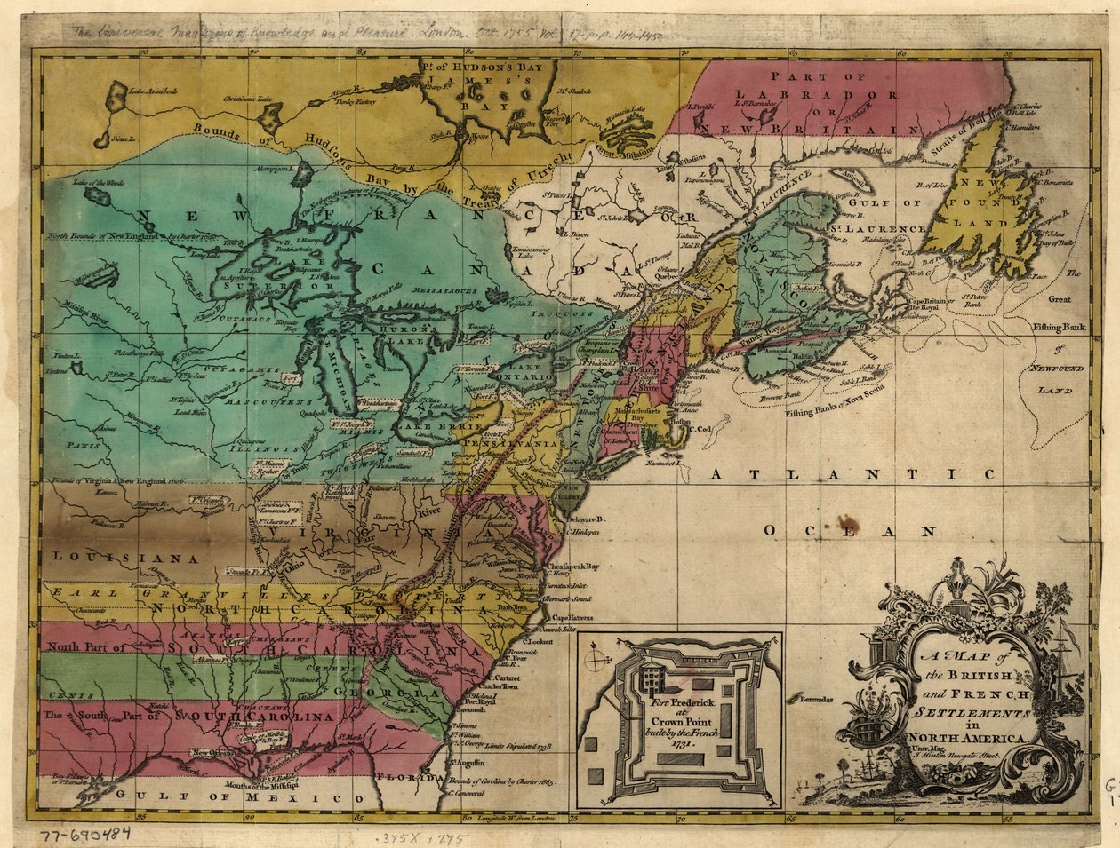 Mapa brytyjskich i francuskich osad w Ameryce Północnej. LOC 77690484 autorstwa John Hinton