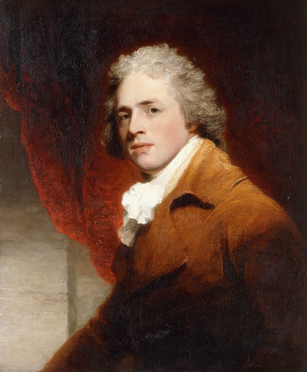 Portret dżentelmena, połowa, w brązowo-białej kolbie, z tyłu czerwona zasłona, autorstwa John Hoppner
