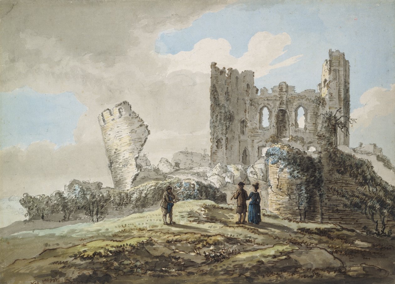 Zamek Caerphilly (akwarela, pióro i tusz oraz ołówek na papierze) autorstwa John Inigo Richards