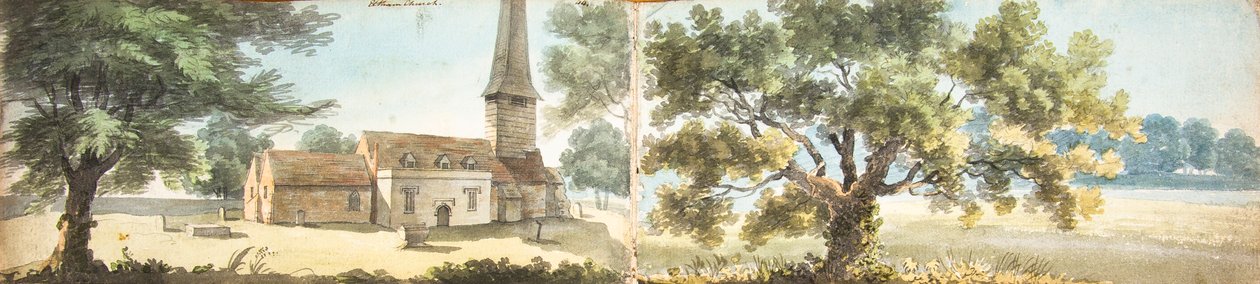Stary kościół Eltham i dąb, Kent (akwarela) autorstwa John Inigo Richards