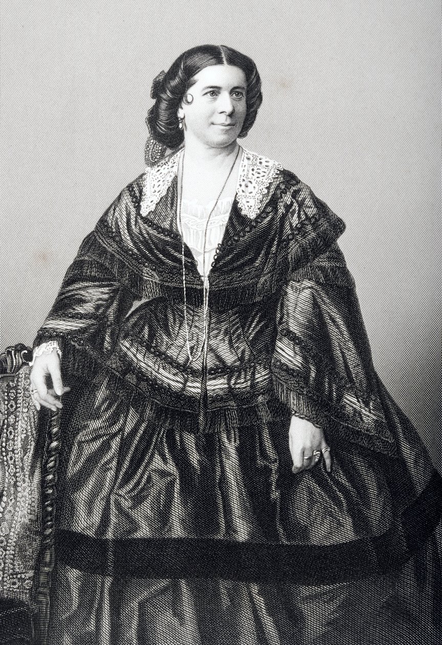 Madame Anna Bishop (1810–84) grawerowana przez D.J. Pound z fotografii, z „The Drawing-Room of Eminent Personages, Volume 2”, wydanej w Londynie, 1860 autorstwa John Jabez Edwin Paisley Mayall