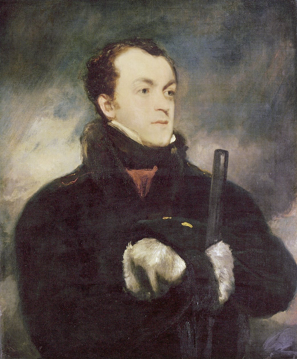 Portret kapitana Lyona, połowa długości, w płaszczu obszytym futrem, trzymającego broń autorstwa John Jackson