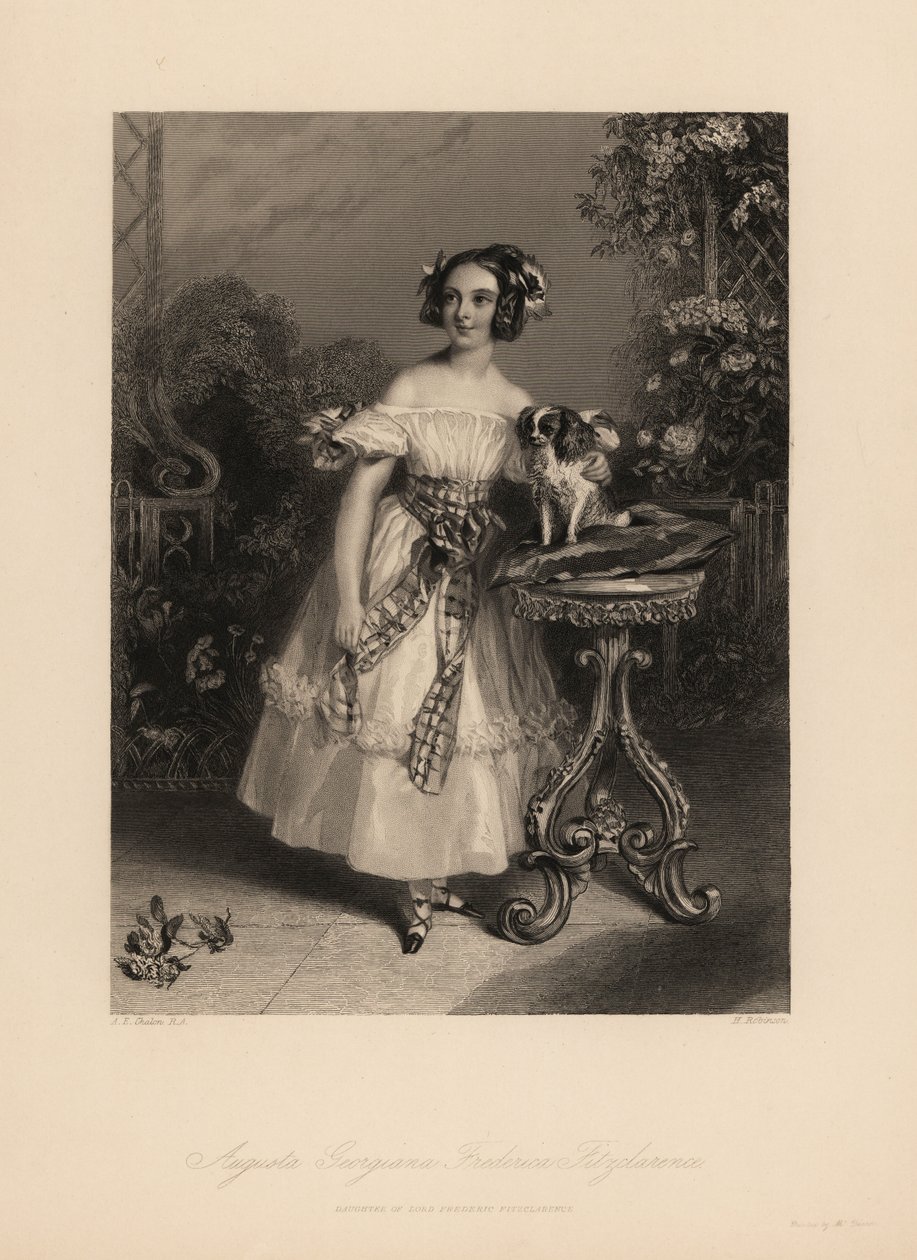 Augusta Georgina Frederica Fitzclarence, córka lorda Fryderyka Fitzclarence, nieślubny syn króla Wilhelma IV. Nosi włosy w loki i wstążki, nosi sukienkę z odkrytymi ramionami przewiązaną szarfą, trzyma spaniela King Charles na poduszce autorstwa John James (after) Chalon