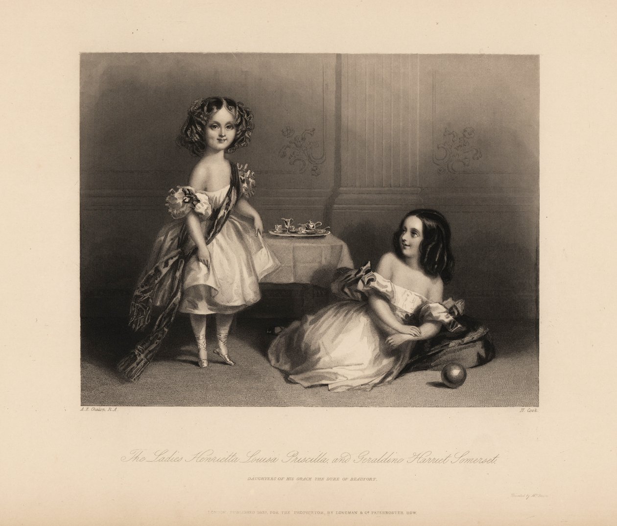 Henrietta Louisa Priscilla i Geraldine Harriet Somerset, córki Henryka Somerseta, siódmego księcia Beaufort. Dwie dziewczyny w odsłoniętych sukienkach ze wstążkami, z włosami w loki, bawiące się zabawkowym zestawem do herbaty i piłką. Staloryt H. Cooka po  autorstwa John James (after) Chalon