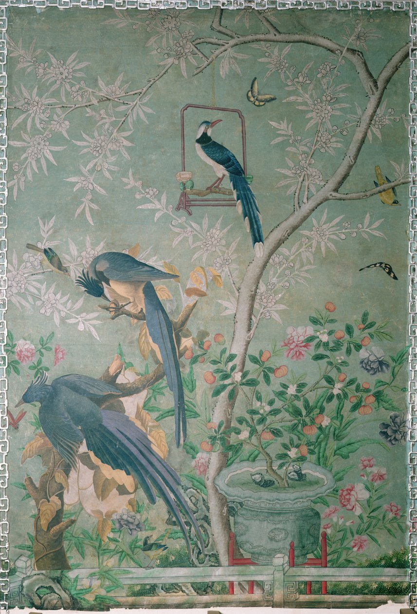 Para sroki, wycięta z „Ptaki Ameryki” i naklejona na ręcznie malowaną chińską tapetę (kolaż) autorstwa John James Audubon