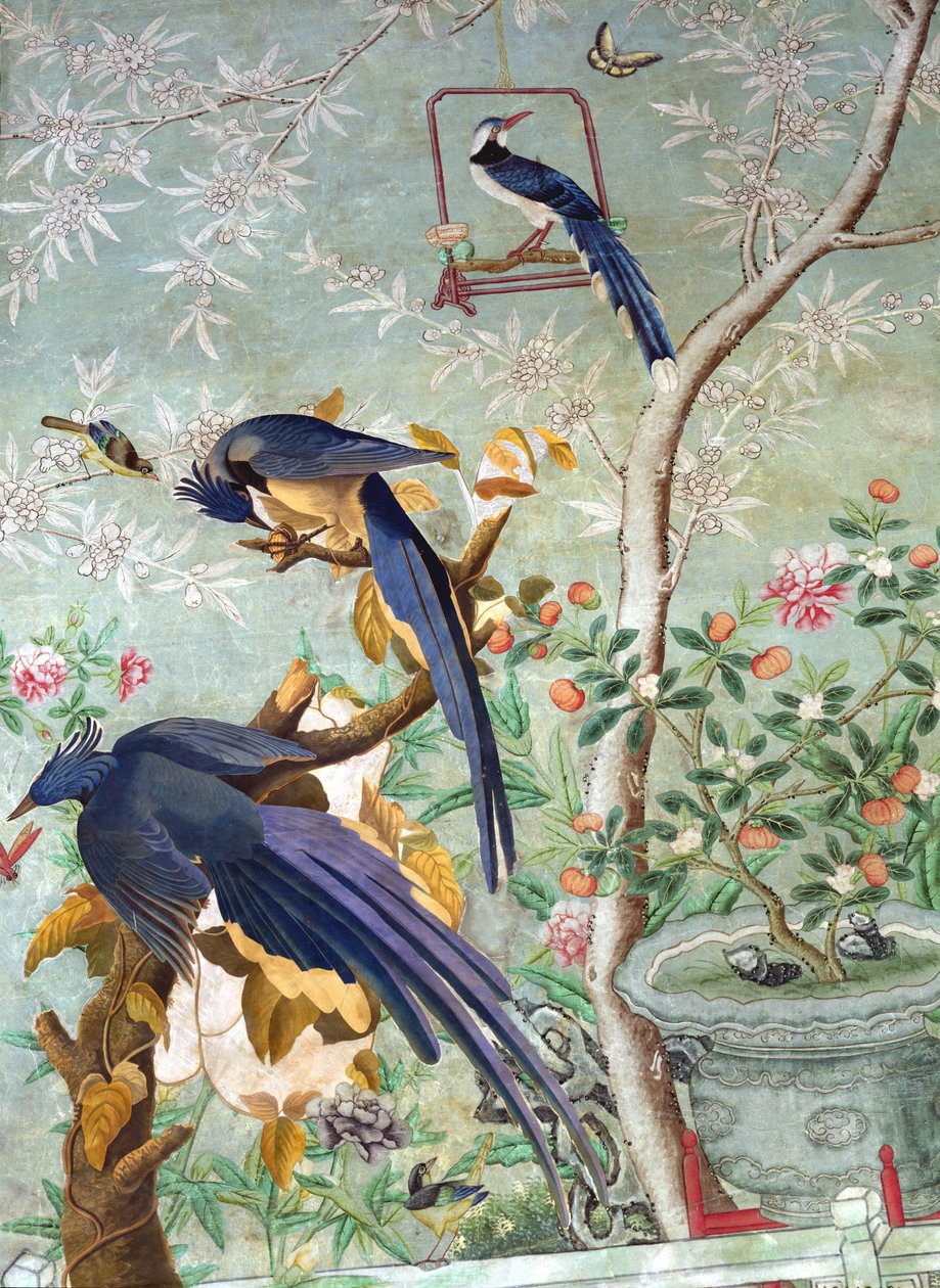 Para sroki wyciętych z „Ptaków Ameryki” i naklejonych na ręcznie malowaną chińską tapetę (kolaż) autorstwa John James Audubon