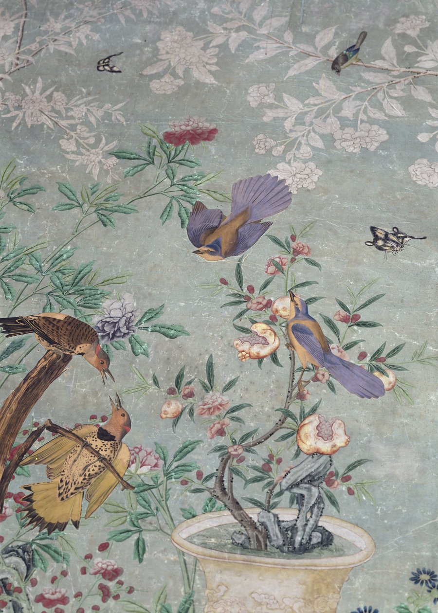 Żółte migotanie, wycięte z „Ptaków Ameryki” i naklejone na ręcznie malowaną chińską tapetę (kolaż) autorstwa John James Audubon