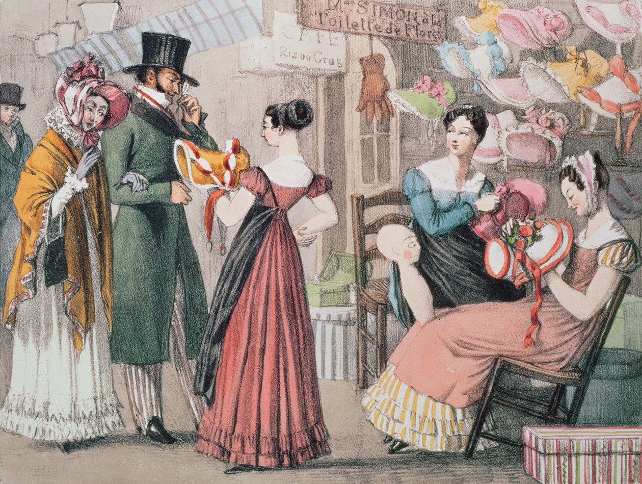 At the Milliners (La Marchande de Modes), druk Charles Joseph Hullmandel (1789-1850), wyd. autorstwa Rodwella i Martina, 1822 autorstwa John James Chalon