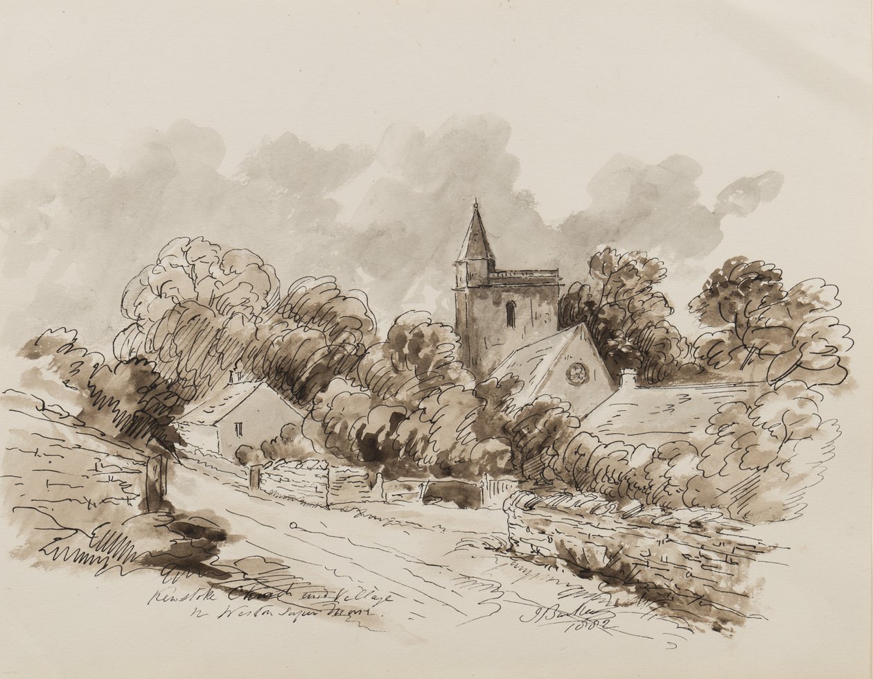 Kewstoke Church and Village, Weston Super Mare, Somerset, 1882 (pióro, pędzel i atrament na papierze) autorstwa John Joseph Barker