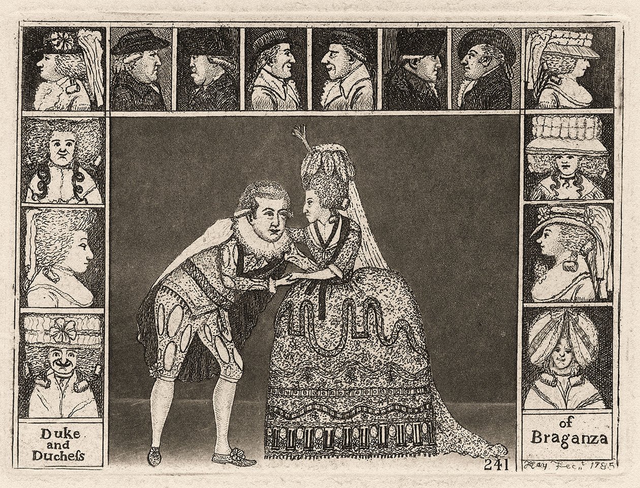 Mary Ann Yates i Laurence Clinch grają księcia i księżną Braganza w Braganzas otoczeni przez członków publiczności. 1785 autorstwa John Kay
