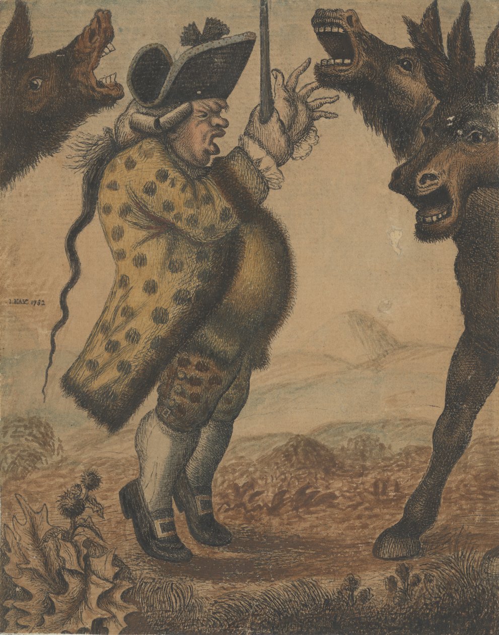 Pan Alexander Campbell, organista, Prowadzący trzy ryczące osły, 1782. autorstwa John Kay