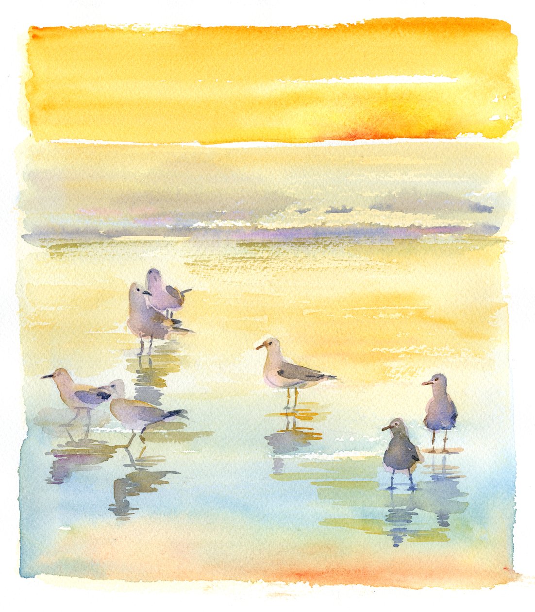Mewy na plaży, 2014, (akwarela) autorstwa John Keeling