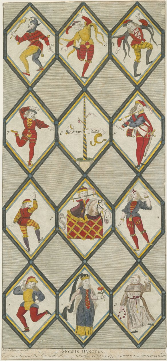 Betley Glass Window - Morris Dancers: grawerowanie, nd [1751-1790] (druk) autorstwa John Keyse Sherwin