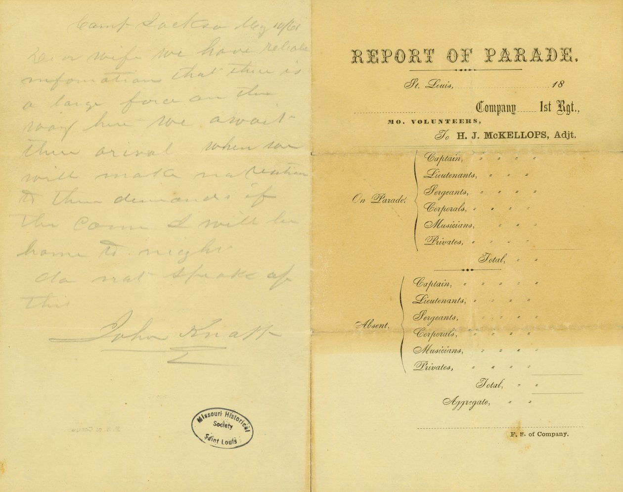 List od Johna Knappa z Camp Jackson do żony, 10 maja 1861 r. autorstwa John Knapp