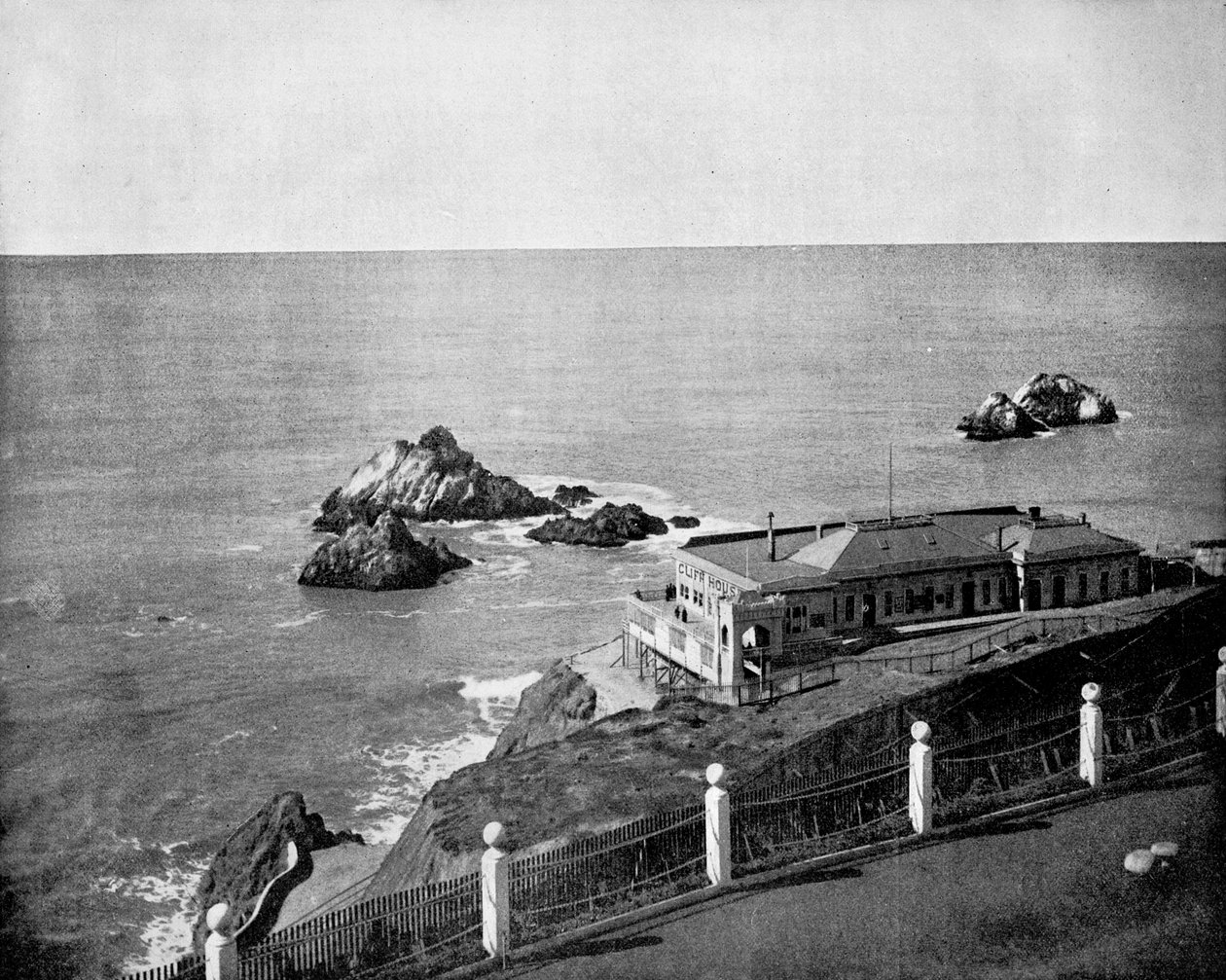 Cliff House i Seal Rocks, Golden Gate, Kalifornia, USA, 1893 r. autorstwa John L. Stoddard