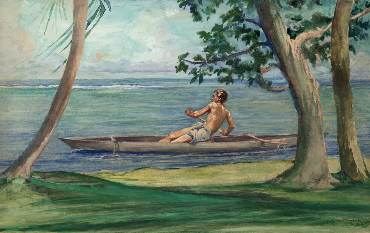 Chłopiec w kajaku przechodzący przed naszym domem, Vaiala, Samoa autorstwa John La Farge