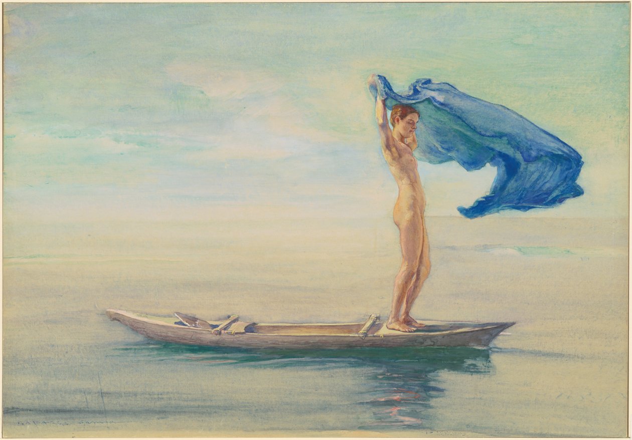 Dziewczyna w dziobie kajaka rozkłada przepaskę biodrową na żagiel, Samoa autorstwa John La Farge