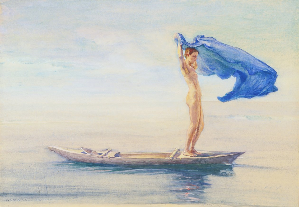 Dziewczyna w dziobie kajaka rozkłada przepaskę na lędźwie na żagiel, Samoa, ok. 1895-96 (wc i gwasz na pokładzie) autorstwa John La Farge or Lafarge