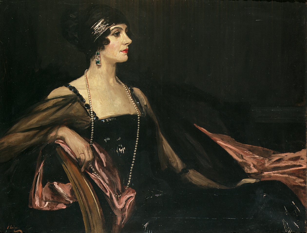 Dama w czerni: portret Jean Ainsworth, wicehrabina Massereene i Ferrard autorstwa John Lavery