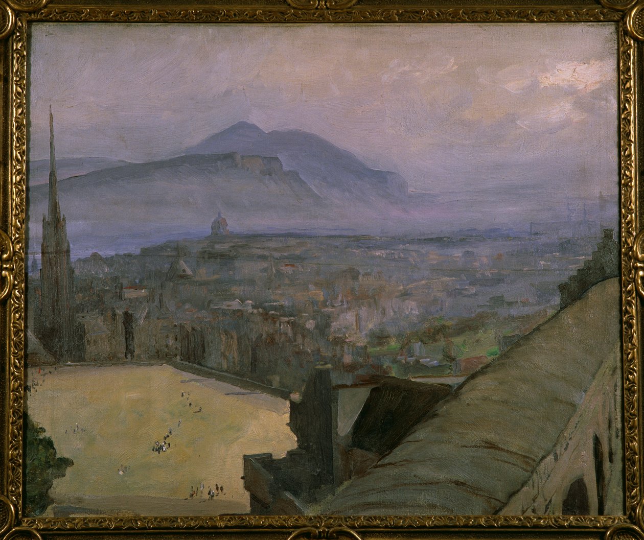 Widok na Edynburg z Zamku, patrząc przez Esplanade w kierunku Siedziba Artura i Urwisk Salisbury (olej na płótnie) autorstwa John Lavery