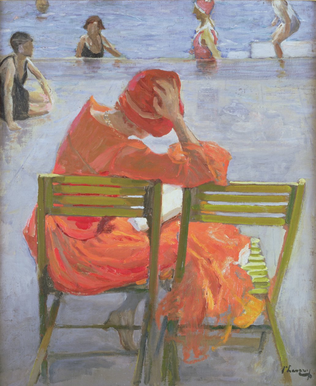 Dziewczyna w czerwonej sukience czytająca przy basenie autorstwa John Lavery