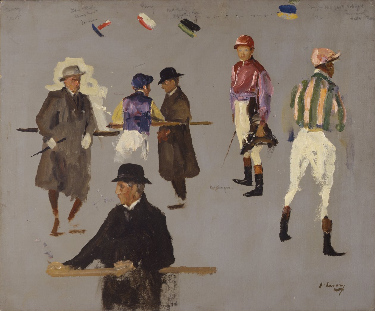 Dżokeje i właściciele w Epsom autorstwa John Lavery