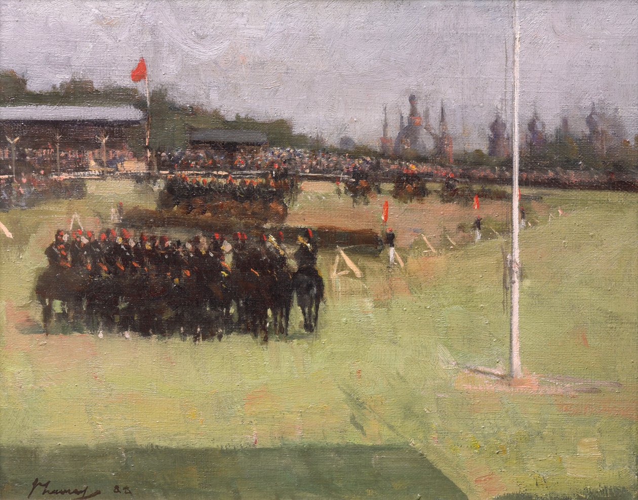 Muzyczna przejażdżka XV Huzarów podczas Turnieju Wojskowego na Międzynarodowej Wystawie Glasgow 1888 autorstwa John Lavery