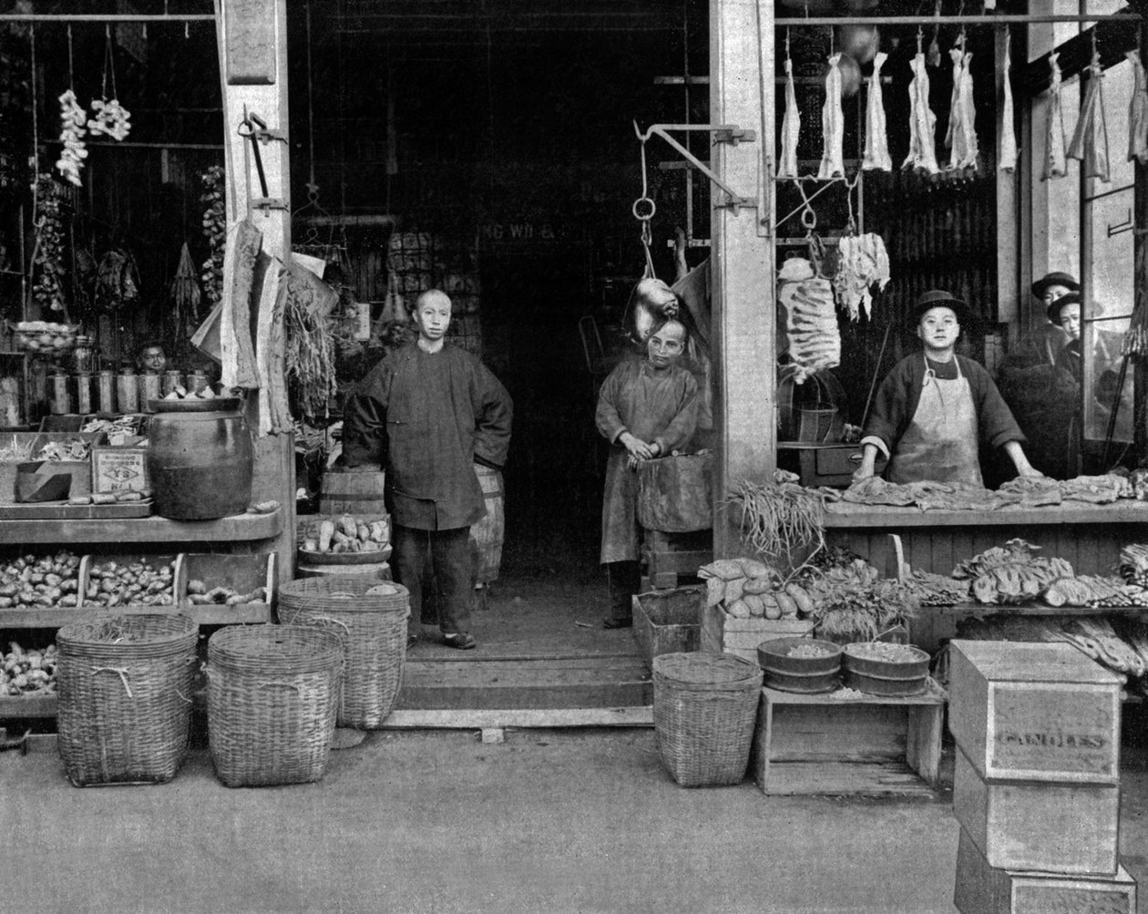 Chinatown w San Francisco (zdjęcie czarno-białe) autorstwa John Lawson Stoddard