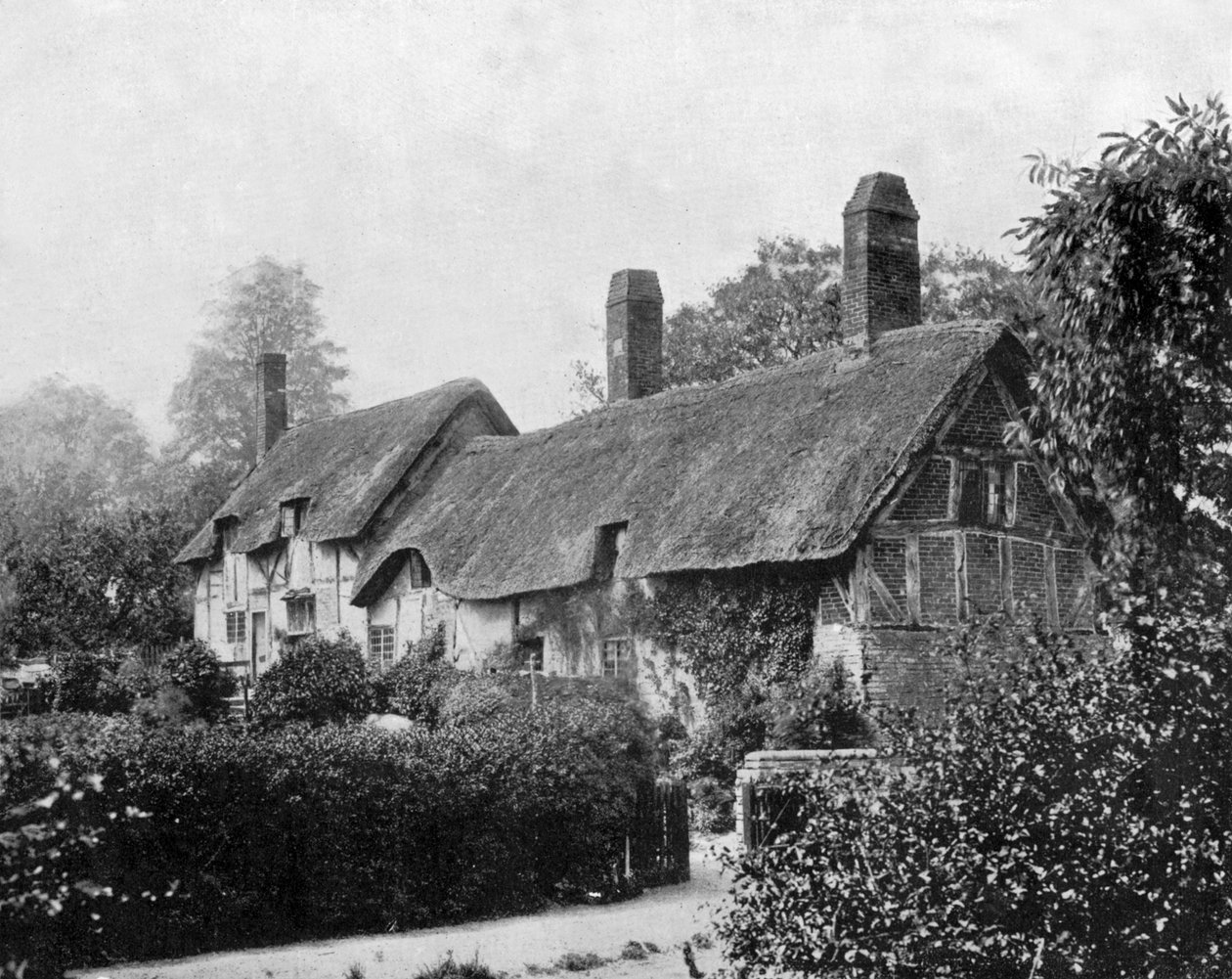 Chata (dom) Ann Hathaway (żony Szekspira) w Stratford upon Avon w Anglii, fot. 1890 (zdjęcie czarno-białe) autorstwa John Lawson Stoddard