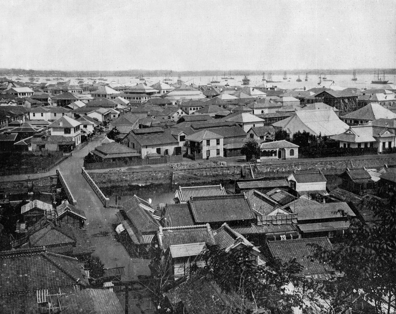 Widok na Jokohamę w Japonii (zdjęcie czarno-białe) autorstwa John Lawson Stoddard
