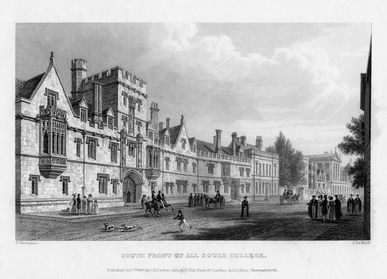 Południowy front All Souls College, Oxford University, 1834. autorstwa John Le Keux